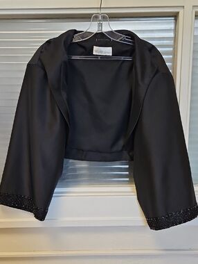 Size 2X Black Long Sleeve Open Front Bolero w/ Beaded Sleeve Edges By Night Scen
